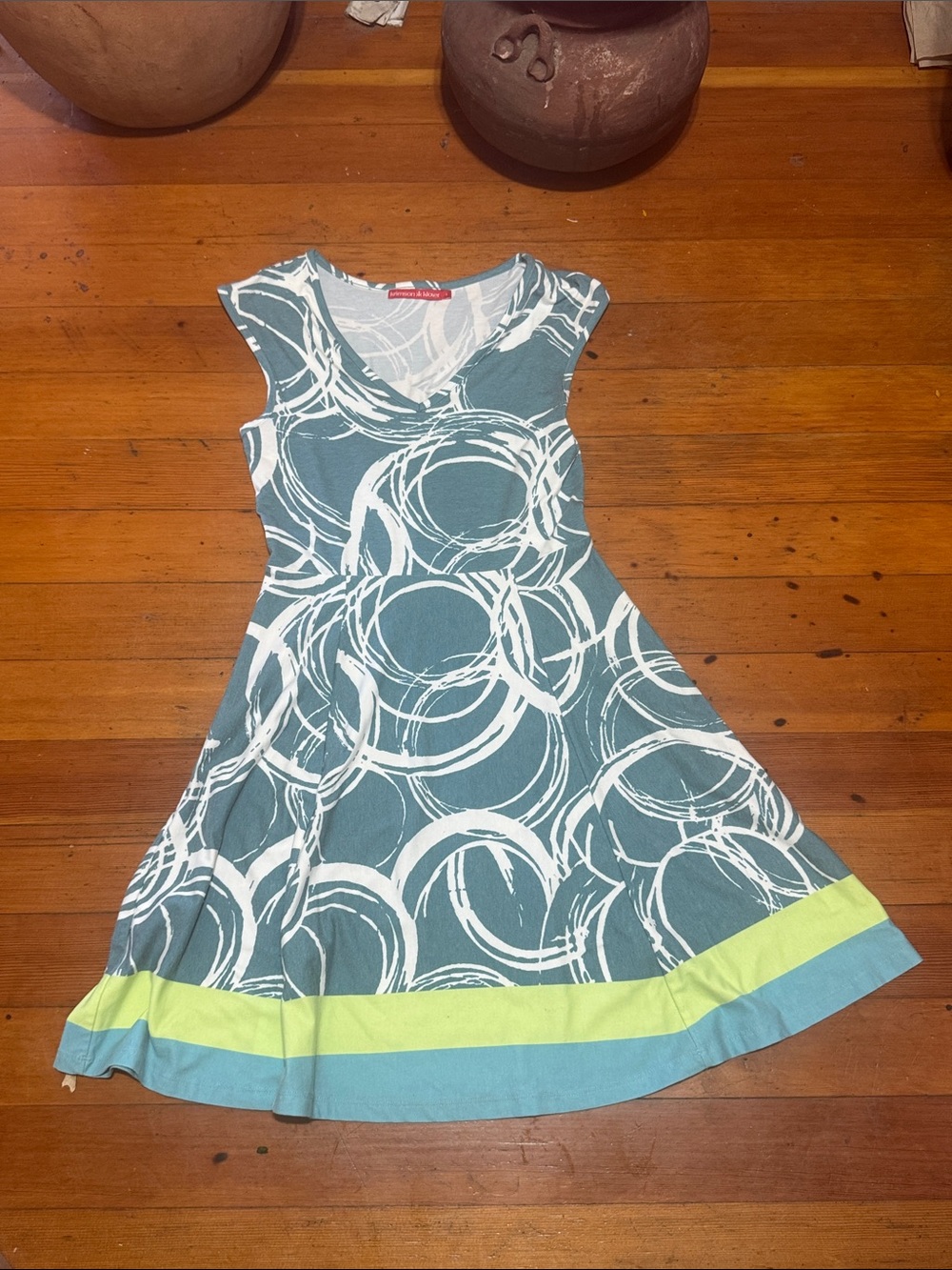 Krimson Klover Teal & White Circle Print Fit-and-Flare Dress with Lime Accent